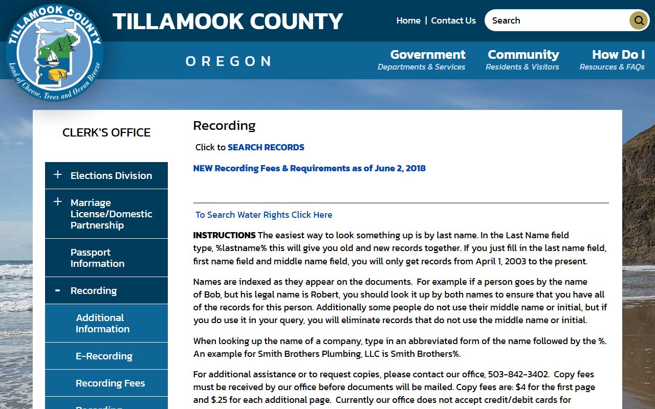 Tillamook County clerk records recording fees and copy access