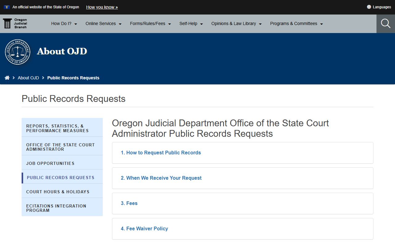 Tillamook County court dockets OJD records request policy