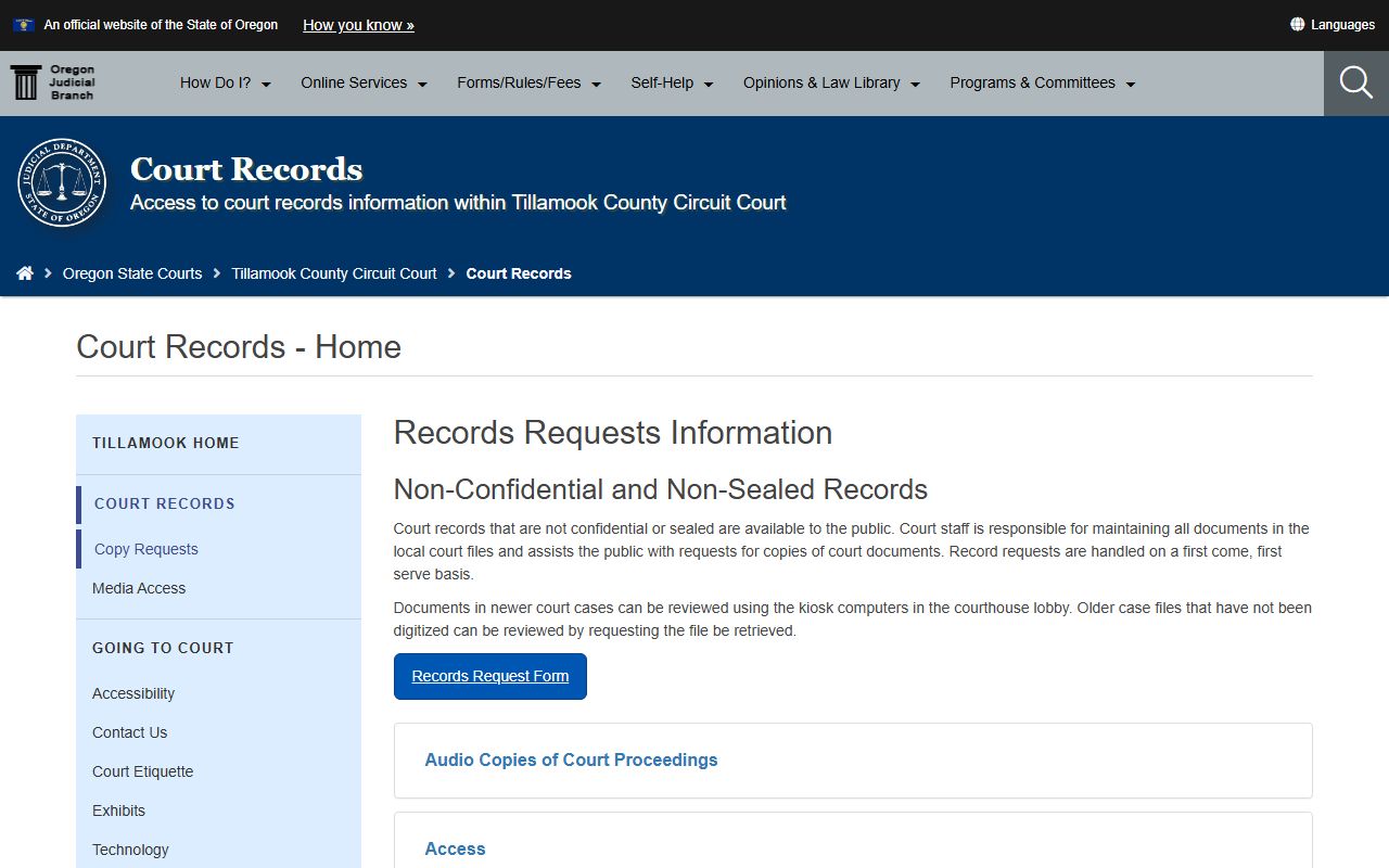 Tillamook County court records request page for Circuit Court files