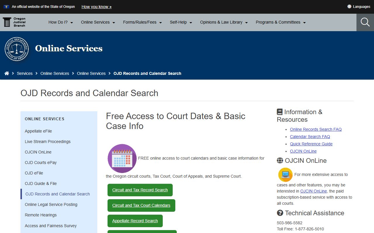 Tillamook County court records and Oregon records calendar access page