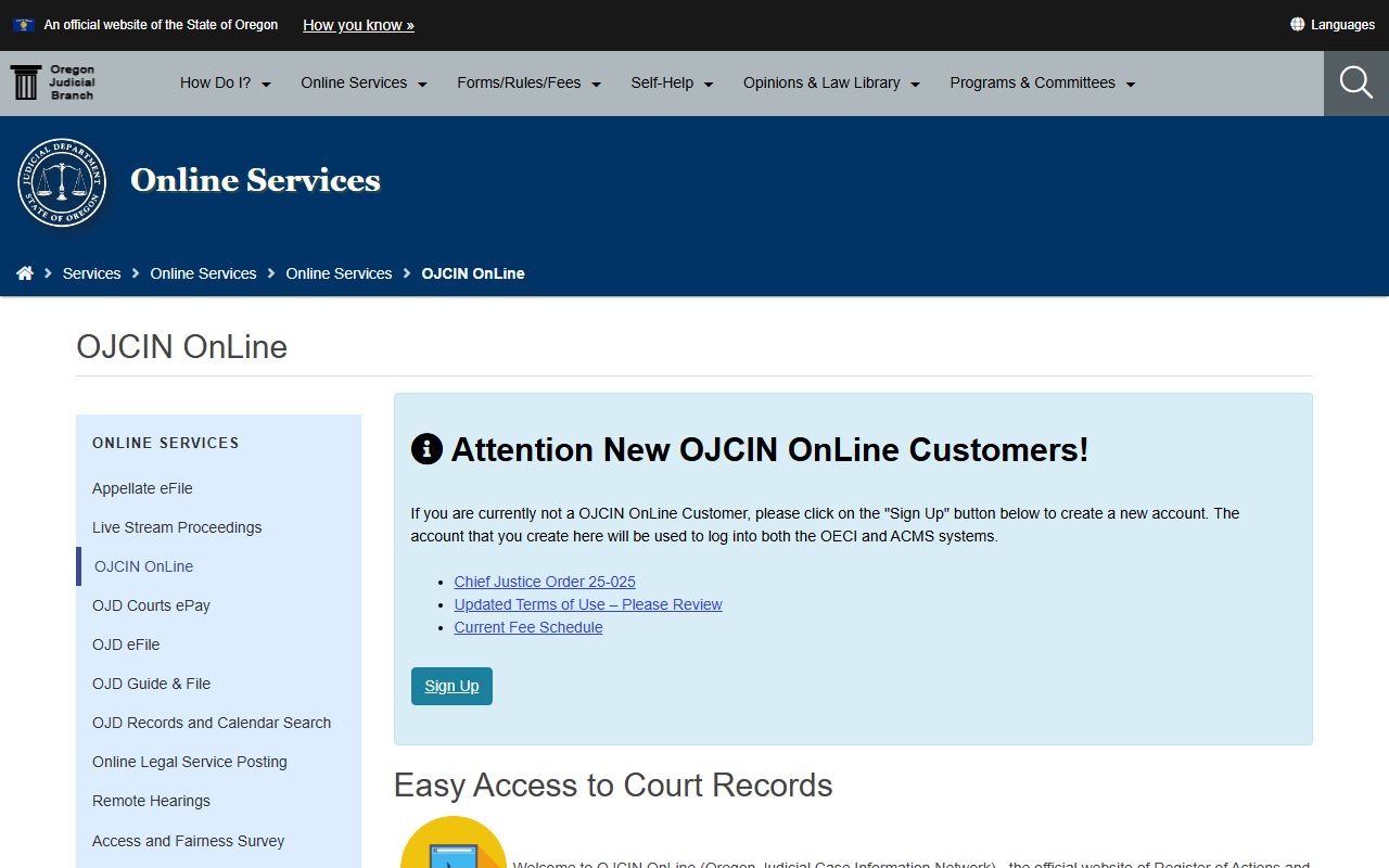 Tillamook County court records OJCIN OnLine subscription access