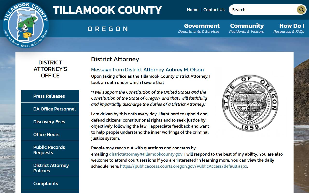 Tillamook County criminal court records district attorney office page