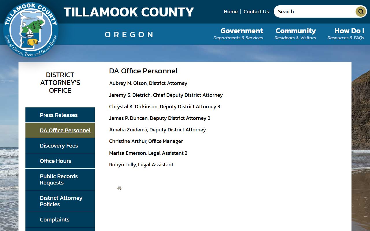 Tillamook County criminal court records district attorney personnel source