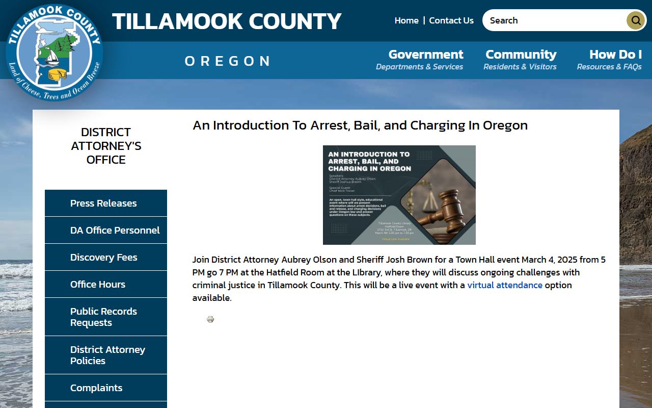 Tillamook County criminal court records arrest bail and charging source