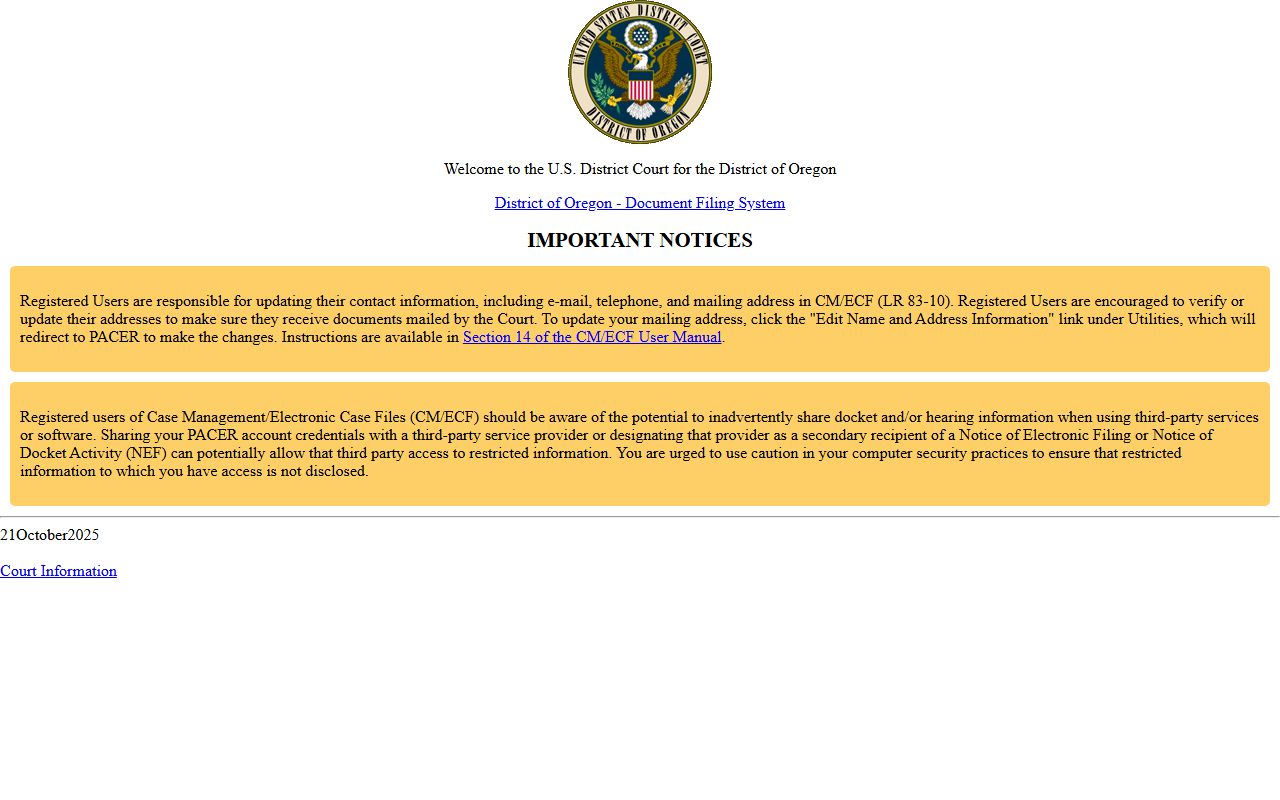Tillamook County Circuit Court District of Oregon CM ECF access