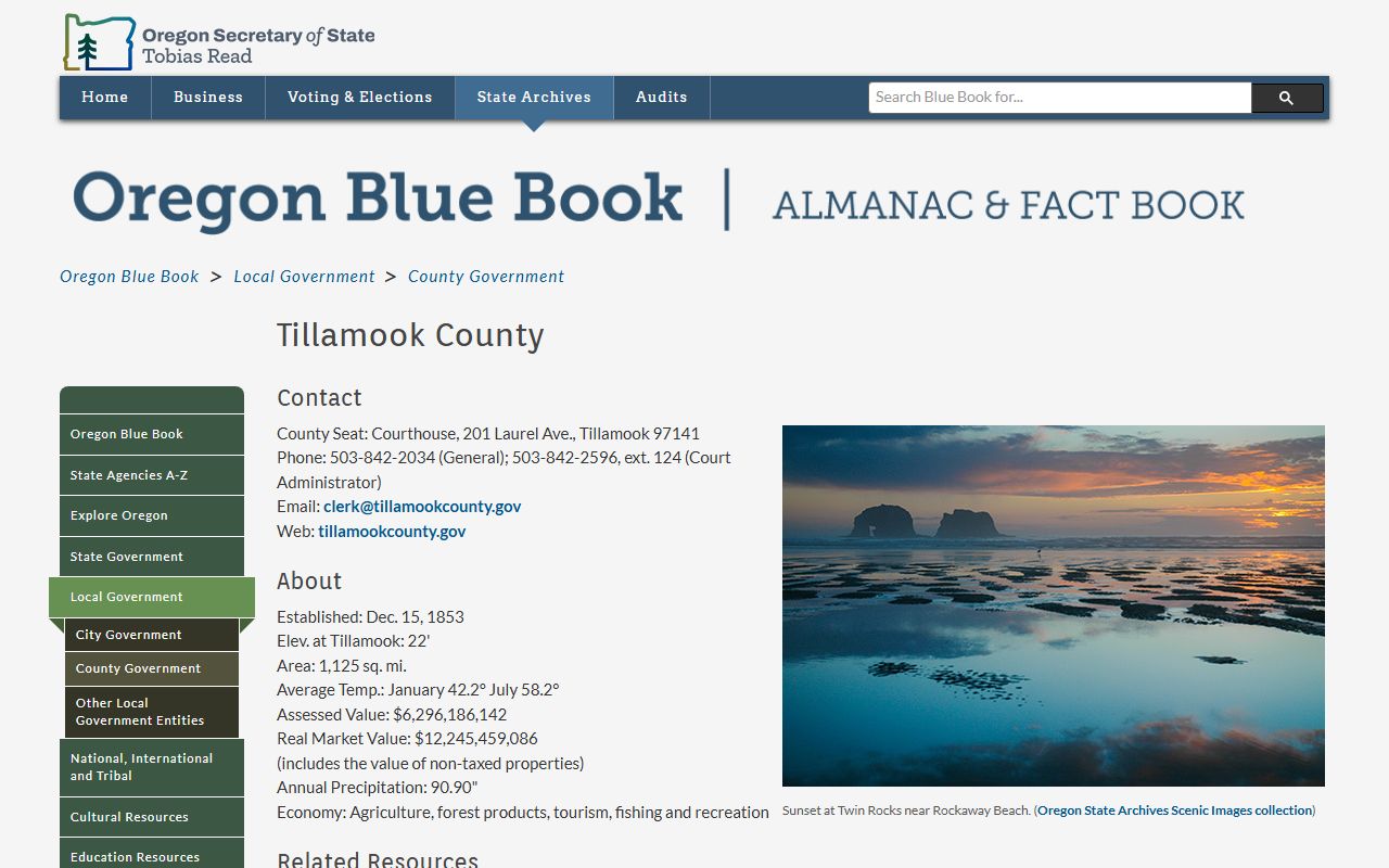 Tillamook County Court records Oregon Blue Book county page