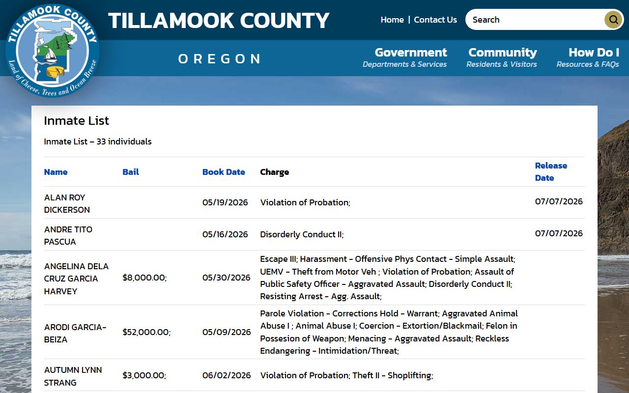 Tillamook County inmate records official inmate list table