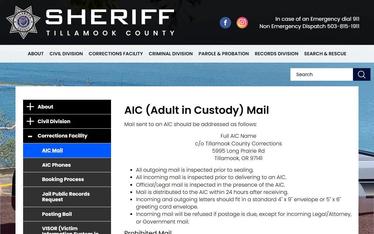 Tillamook County inmate records adult in custody mail rules