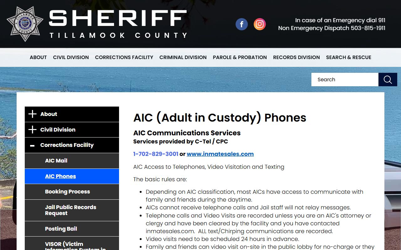 Tillamook County inmate records phone video and texting services