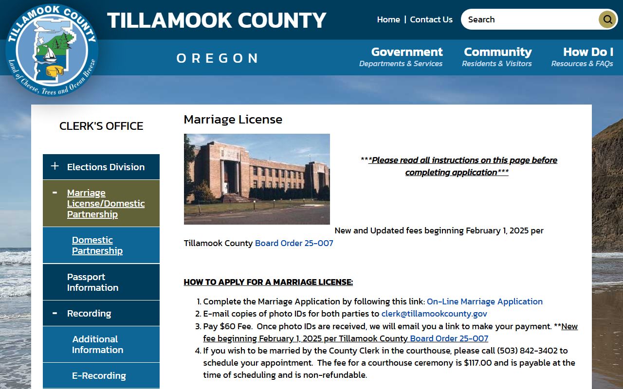 Tillamook County marriage and divorce records marriage license instructions