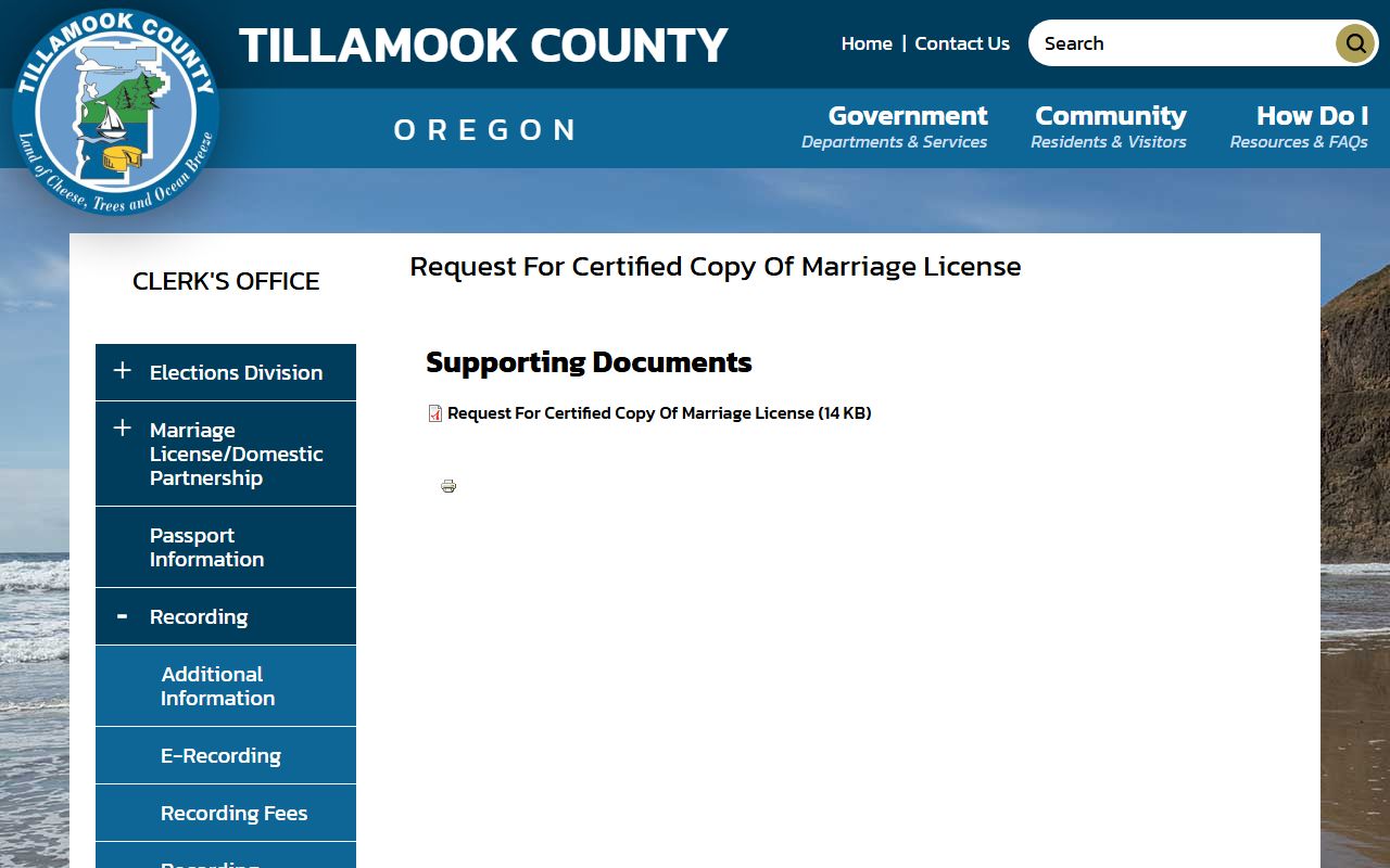 Tillamook County marriage records certified copy request