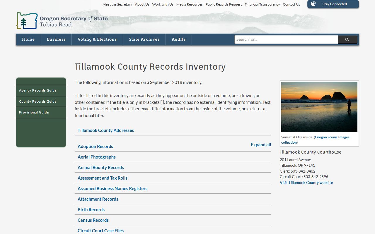 Tillamook County probate records Secretary of State inventory