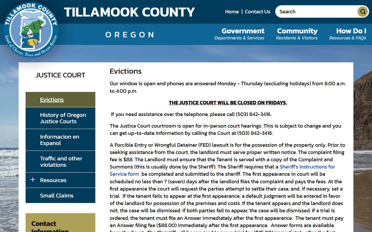 Tillamook County warrant records Justice Court eviction source