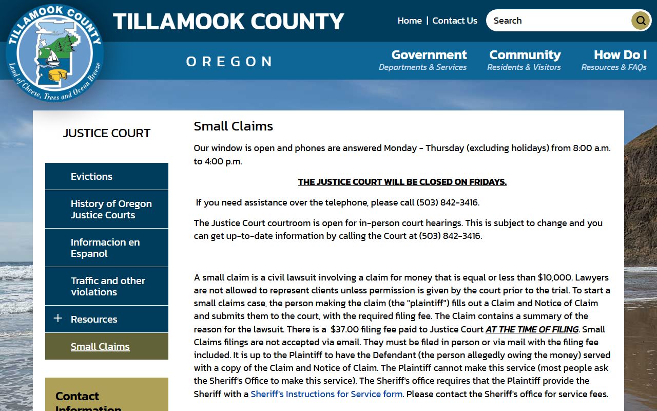 Tillamook County warrant records Justice Court small claims source